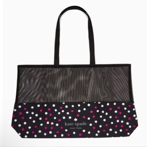 NWOT Kate Spade Navy Pink Polka Dot Canvas Mesh Tote Shopper Beach Bag 22.5 In